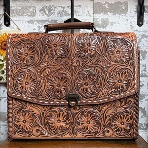 American Darling Hand-Tooled Floral Brown Leather Briefcase